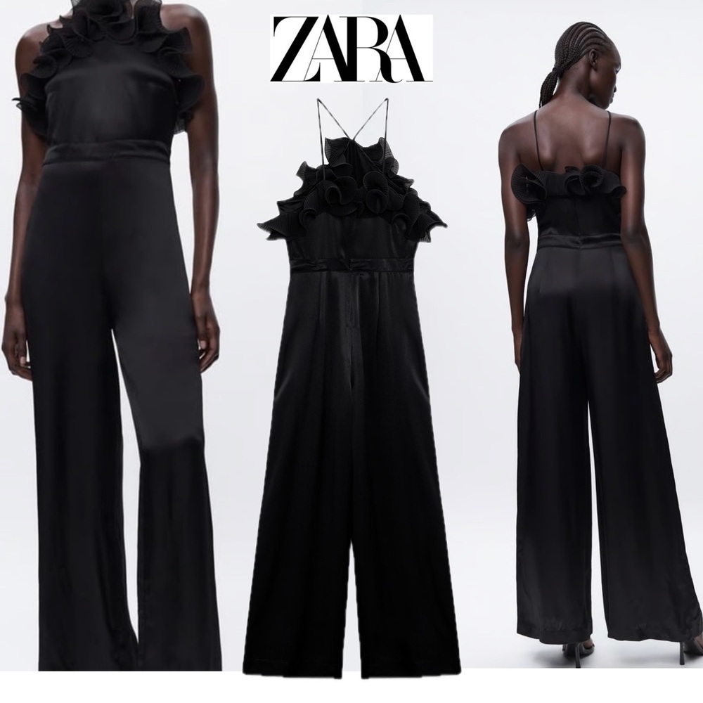 Zara black ruffle frill halter top spaghetti strap wide leg jumpsuit Sz S NWOT